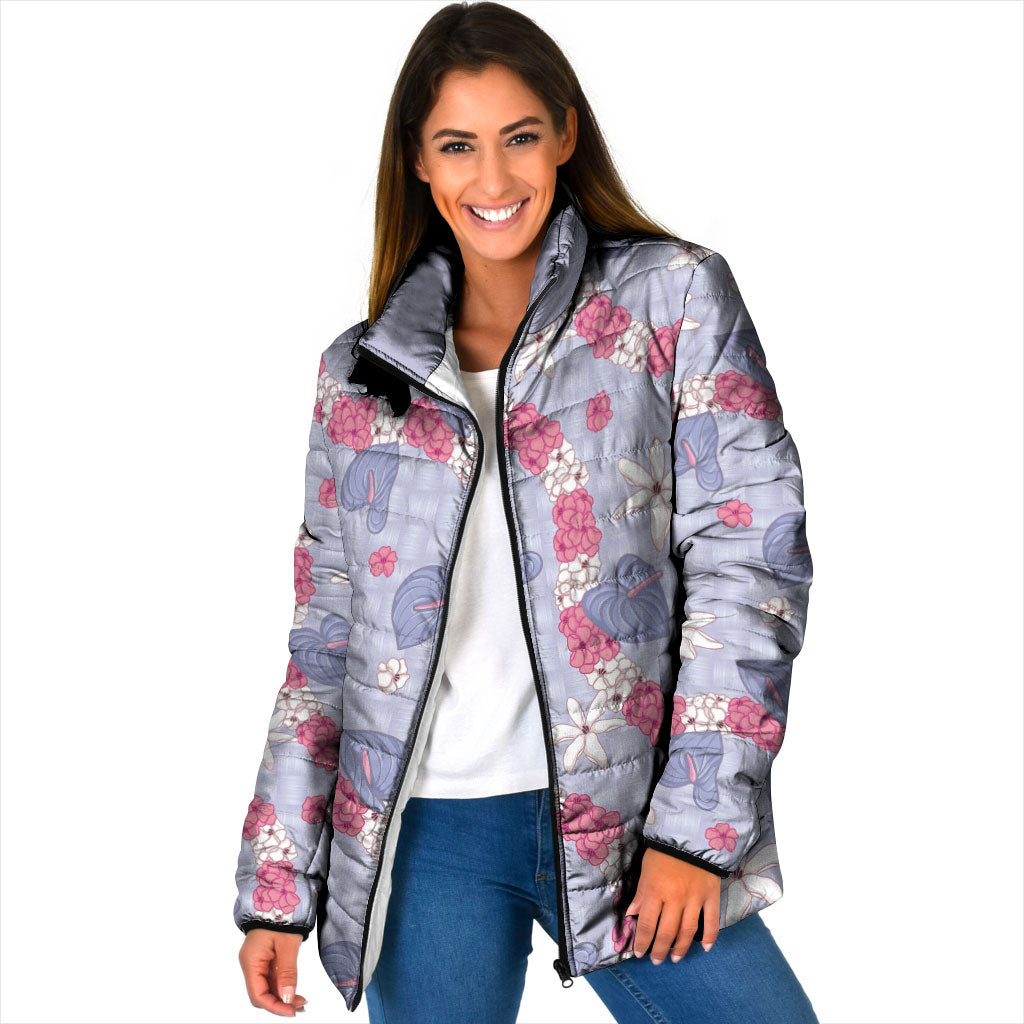 Hawaii Anthurium Tiare Pikake Lei Padded Jacket Poni Lauhala Art Pattern LT01 Women Purple - Polynesian Pride