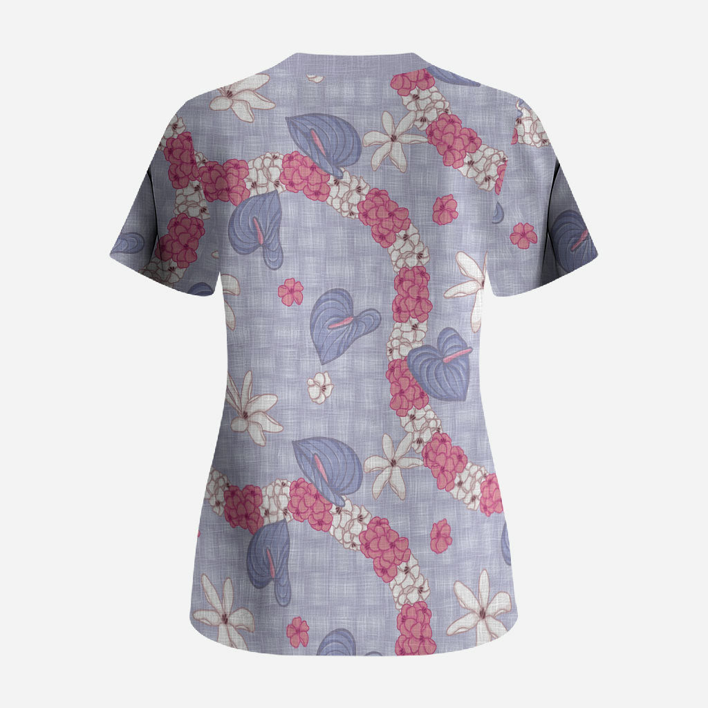 Hawaii Anthurium Tiare Pikake Lei Scrub Top Poni Lauhala Art Pattern LT01 - Polynesian Pride