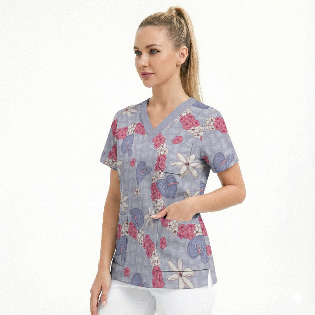 Hawaii Anthurium Tiare Pikake Lei Scrub Top Poni Lauhala Art Pattern LT01 - Polynesian Pride