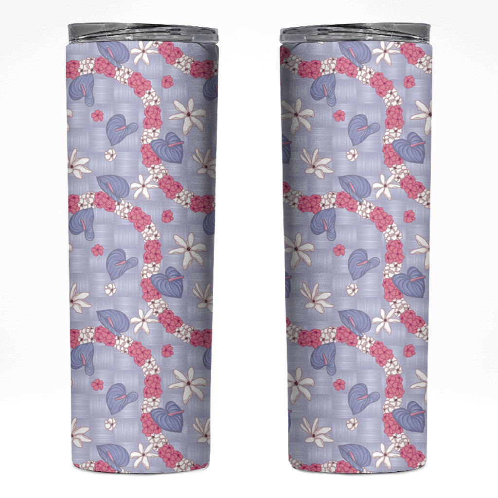 Hawaii Anthurium Tiare Pikake Lei Skinny Tumbler Poni Lauhala Art Pattern LT01 Purple - Polynesian Pride