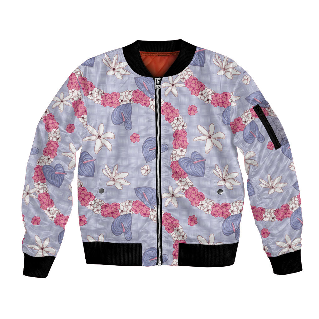 Hawaii Anthurium Tiare Pikake Lei Sleeve Zip Bomber Jacket Poni Lauhala Art Pattern LT01 Unisex Purple - Polynesian Pride