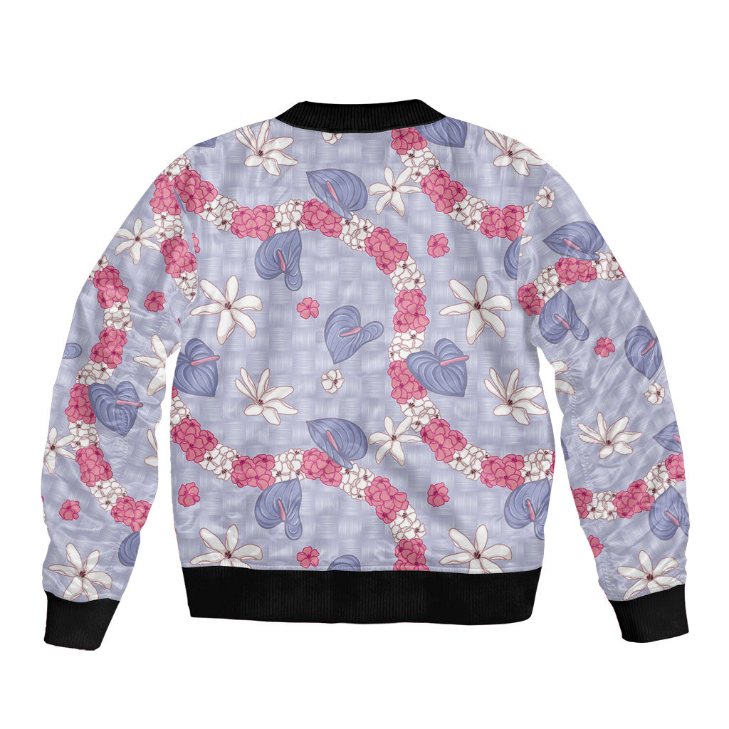 Hawaii Anthurium Tiare Pikake Lei Sleeve Zip Bomber Jacket Poni Lauhala Art Pattern LT01 - Polynesian Pride
