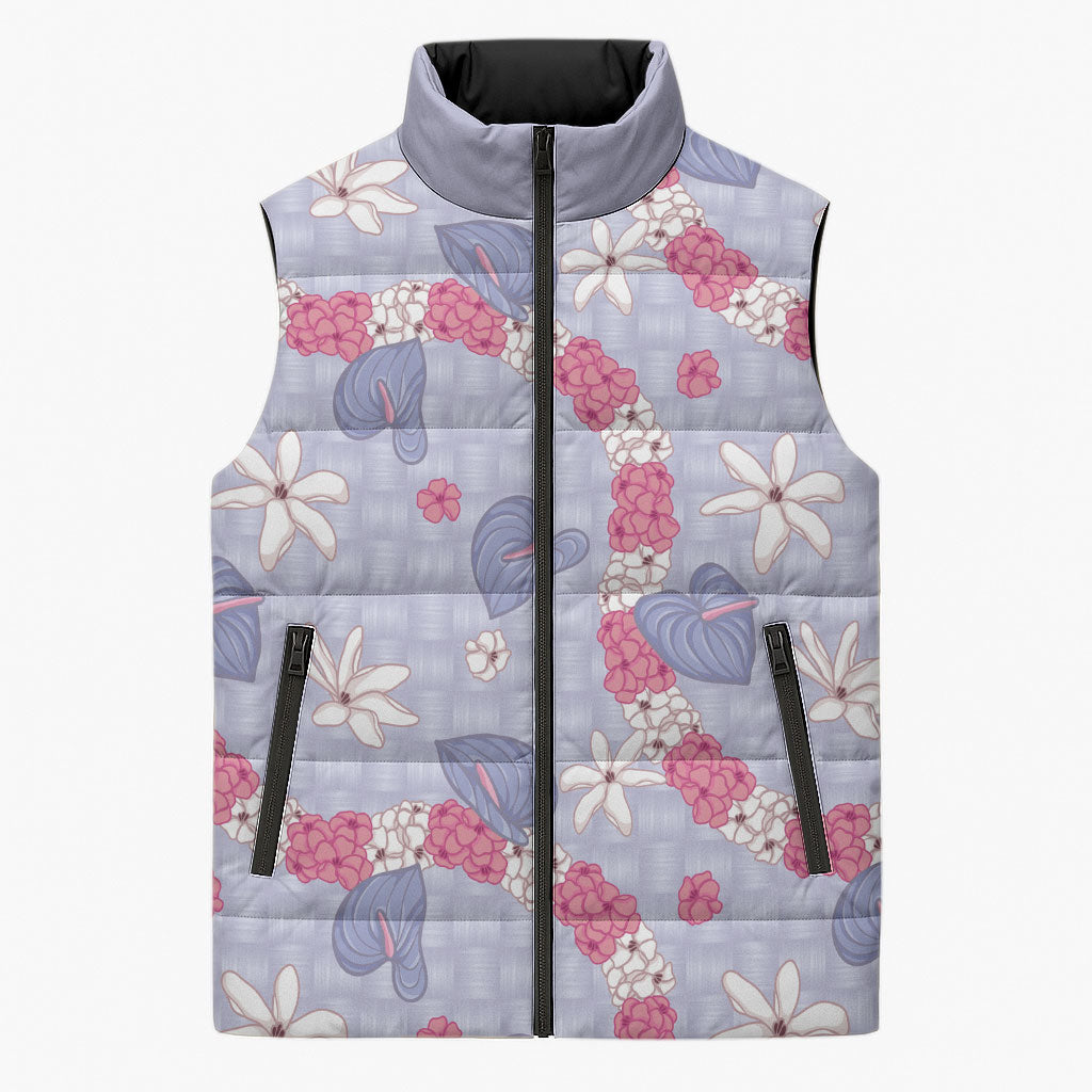 Hawaii Anthurium Tiare Pikake Lei Sleeveless Puffer Jacket Poni Lauhala Art Pattern LT01 Unisex Purple - Polynesian Pride