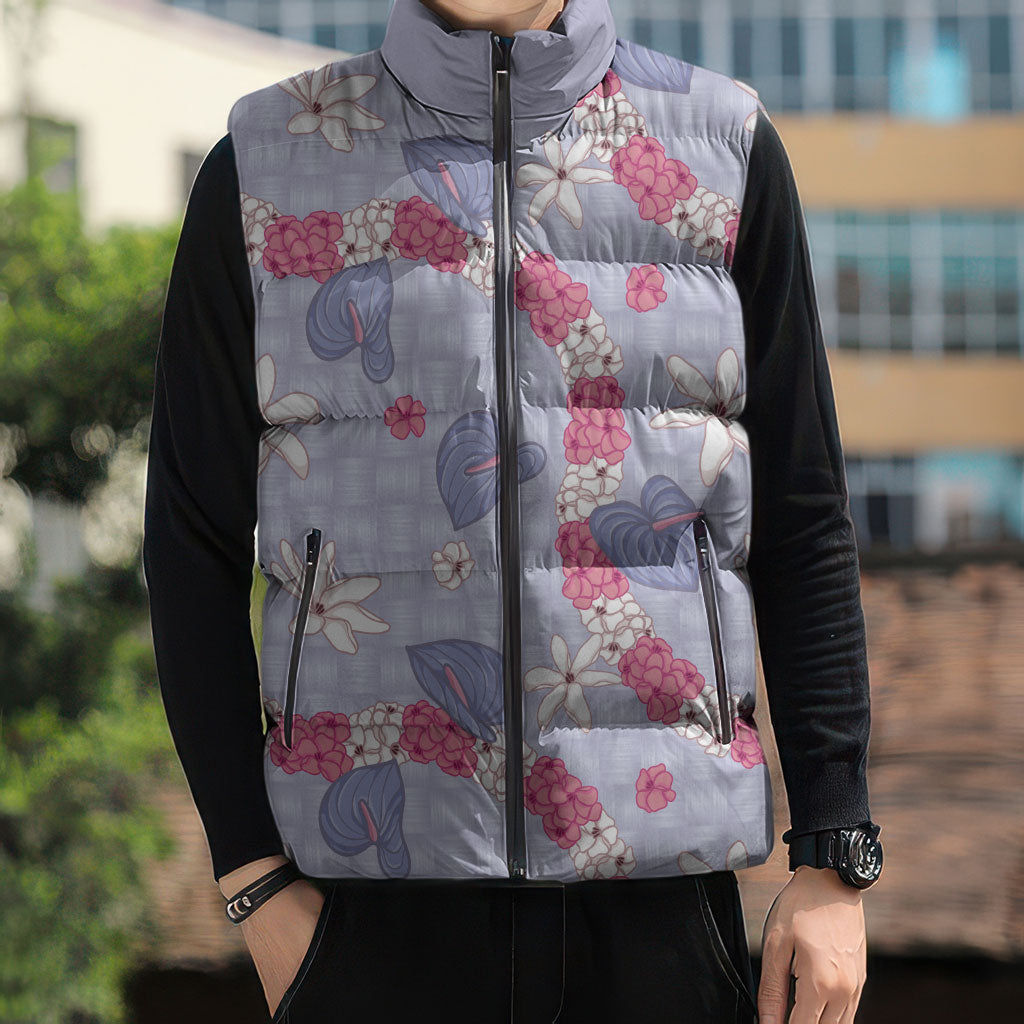 Hawaii Anthurium Tiare Pikake Lei Sleeveless Puffer Jacket Poni Lauhala Art Pattern LT01 - Polynesian Pride