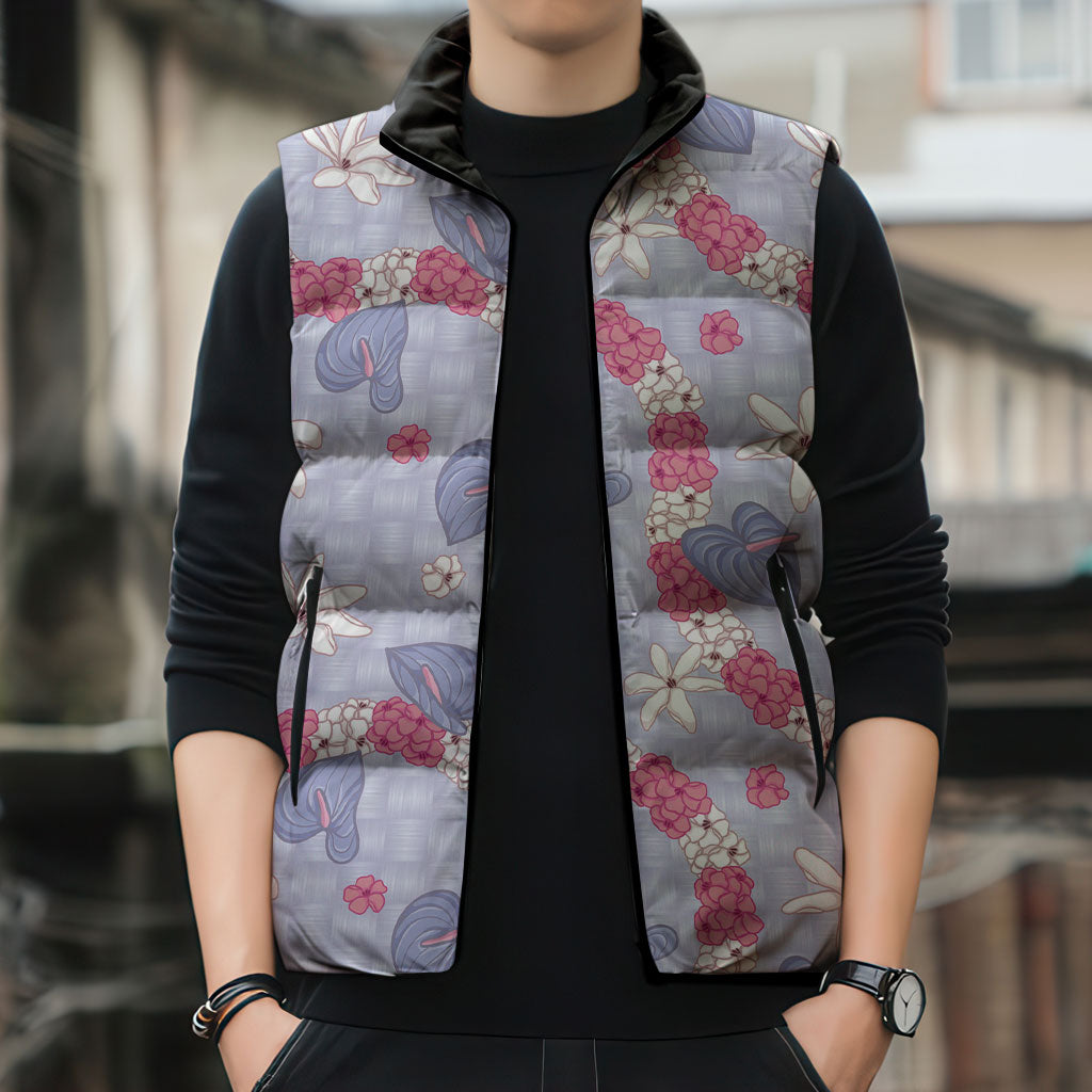 Hawaii Anthurium Tiare Pikake Lei Sleeveless Puffer Jacket Poni Lauhala Art Pattern LT01 - Polynesian Pride