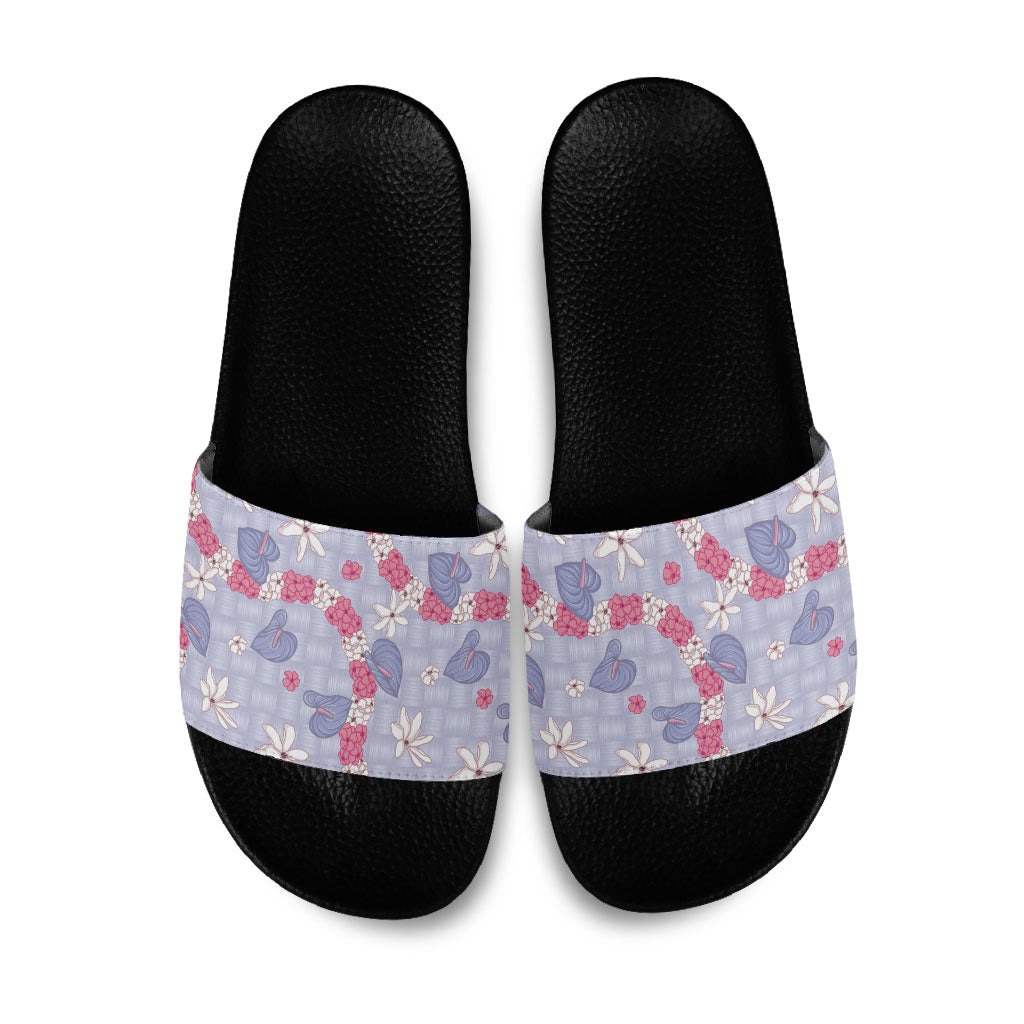 Hawaii Anthurium Tiare Pikake Lei Slide Sandals Poni Lauhala Art Pattern