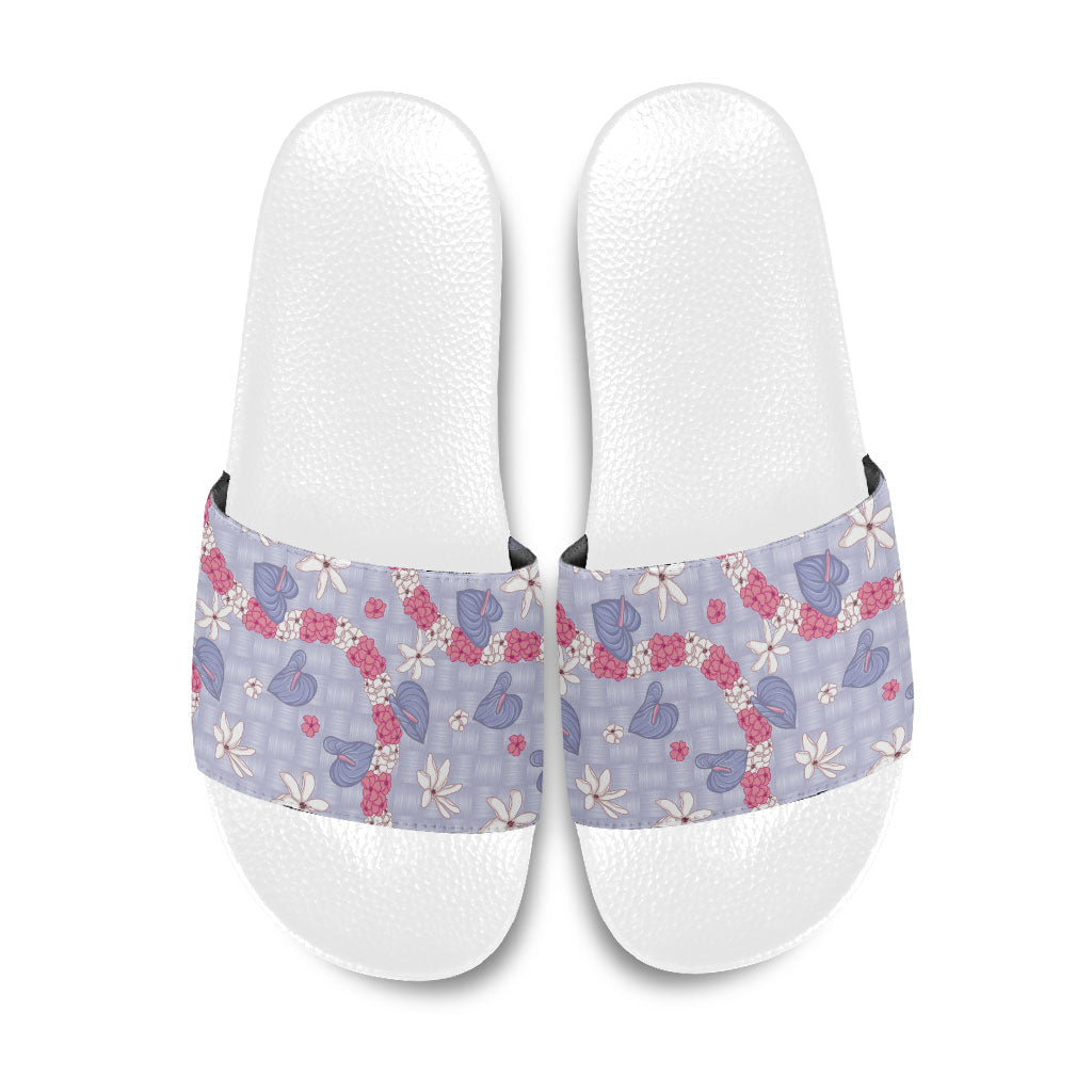 Hawaii Anthurium Tiare Pikake Lei Slide Sandals Poni Lauhala Art Pattern LT01 Purple - Polynesian Pride