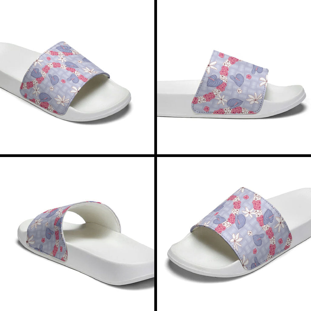 Hawaii Anthurium Tiare Pikake Lei Slide Sandals Poni Lauhala Art Pattern LT01 - Polynesian Pride