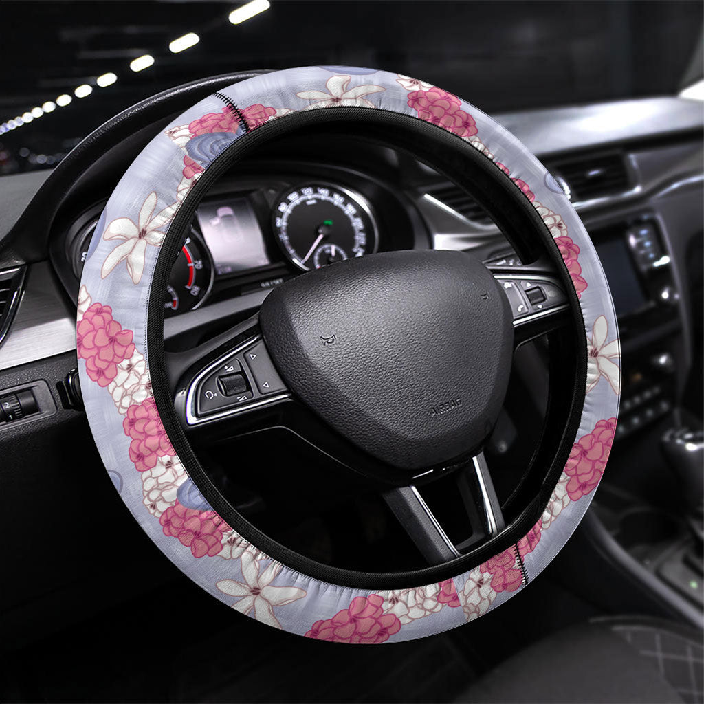 Hawaii Anthurium Tiare Pikake Lei Steering Wheel Cover Poni Lauhala Art Pattern LT01 Universal Fit Purple - Polynesian Pride