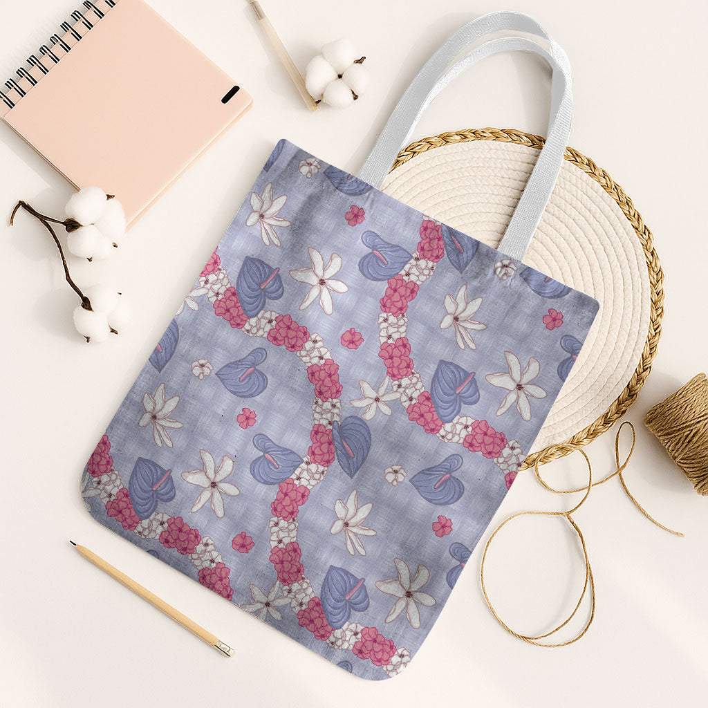 Hawaii Anthurium Tiare Pikake Lei Tote Bag Poni Lauhala Art Pattern LT01 White Strap One Size Purple - Polynesian Pride