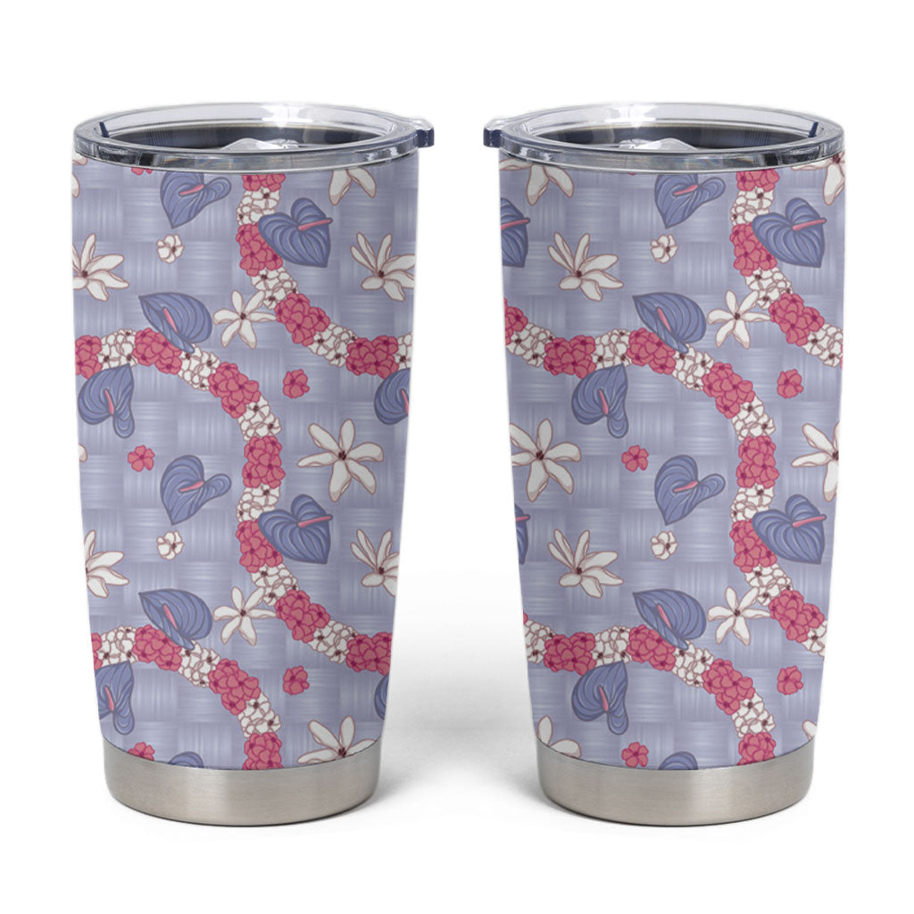 Hawaii Anthurium Tiare Pikake Lei Tumbler Cup Poni Lauhala Art Pattern LT01 Purple - Polynesian Pride