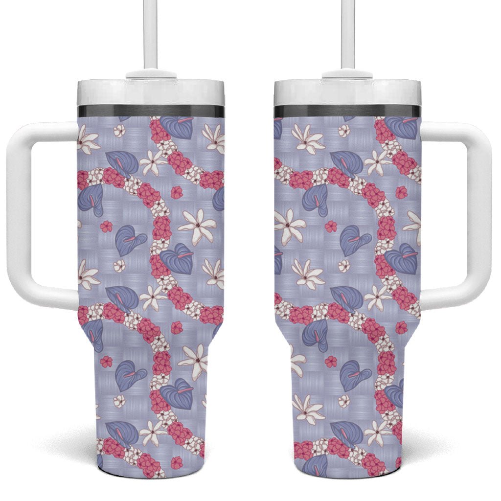 Hawaii Anthurium Tiare Pikake Lei Tumbler With Handle Poni Lauhala Art Pattern LT01 One Size: 40 oz Purple - Polynesian Pride