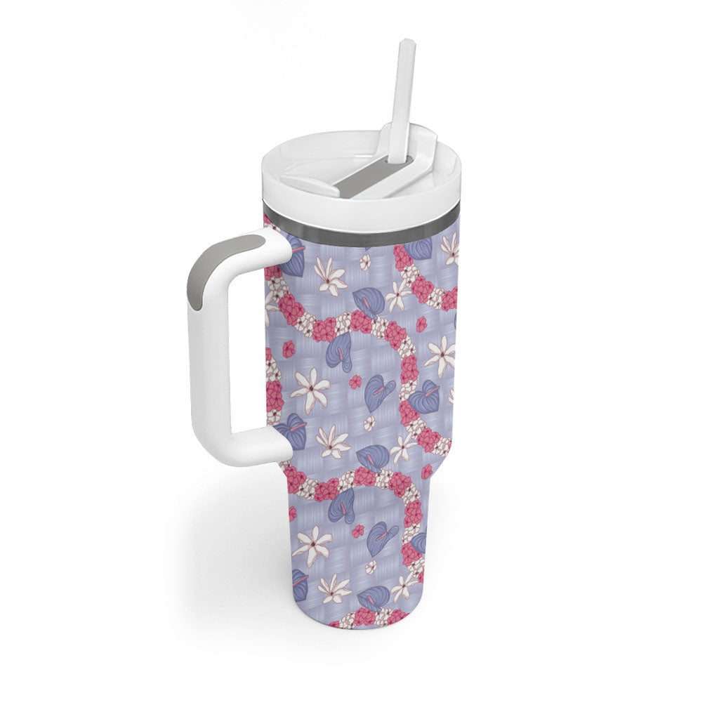 Hawaii Anthurium Tiare Pikake Lei Tumbler With Handle Poni Lauhala Art Pattern LT01 - Polynesian Pride