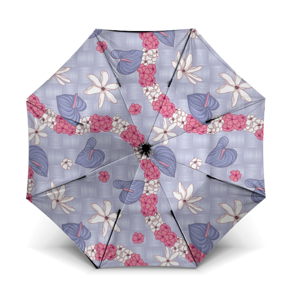 Hawaii Anthurium Tiare Pikake Lei Umbrella Poni Lauhala Art Pattern LT01 One Size Folded 11.42 inch Opened Diameter 37.4 inch Purple - Polynesian Pride
