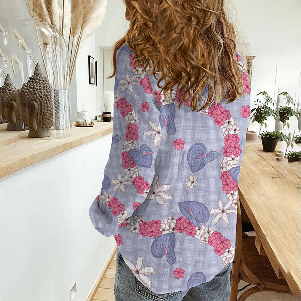 Hawaii Anthurium Tiare Pikake Lei Women Casual Shirt Poni Lauhala Art Pattern LT01 - Polynesian Pride