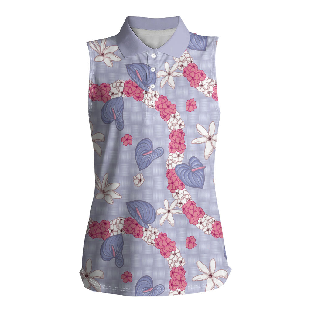 Hawaii Anthurium Tiare Pikake Lei Women Sleeveless Polo Shirt Poni Lauhala Art Pattern LT01 Female Purple - Polynesian Pride