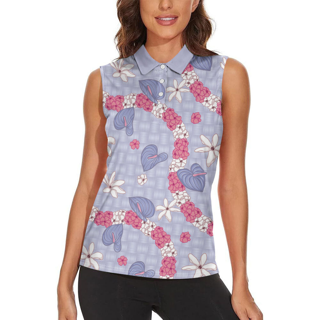 Hawaii Anthurium Tiare Pikake Lei Women Sleeveless Polo Shirt Poni Lauhala Art Pattern LT01 - Polynesian Pride