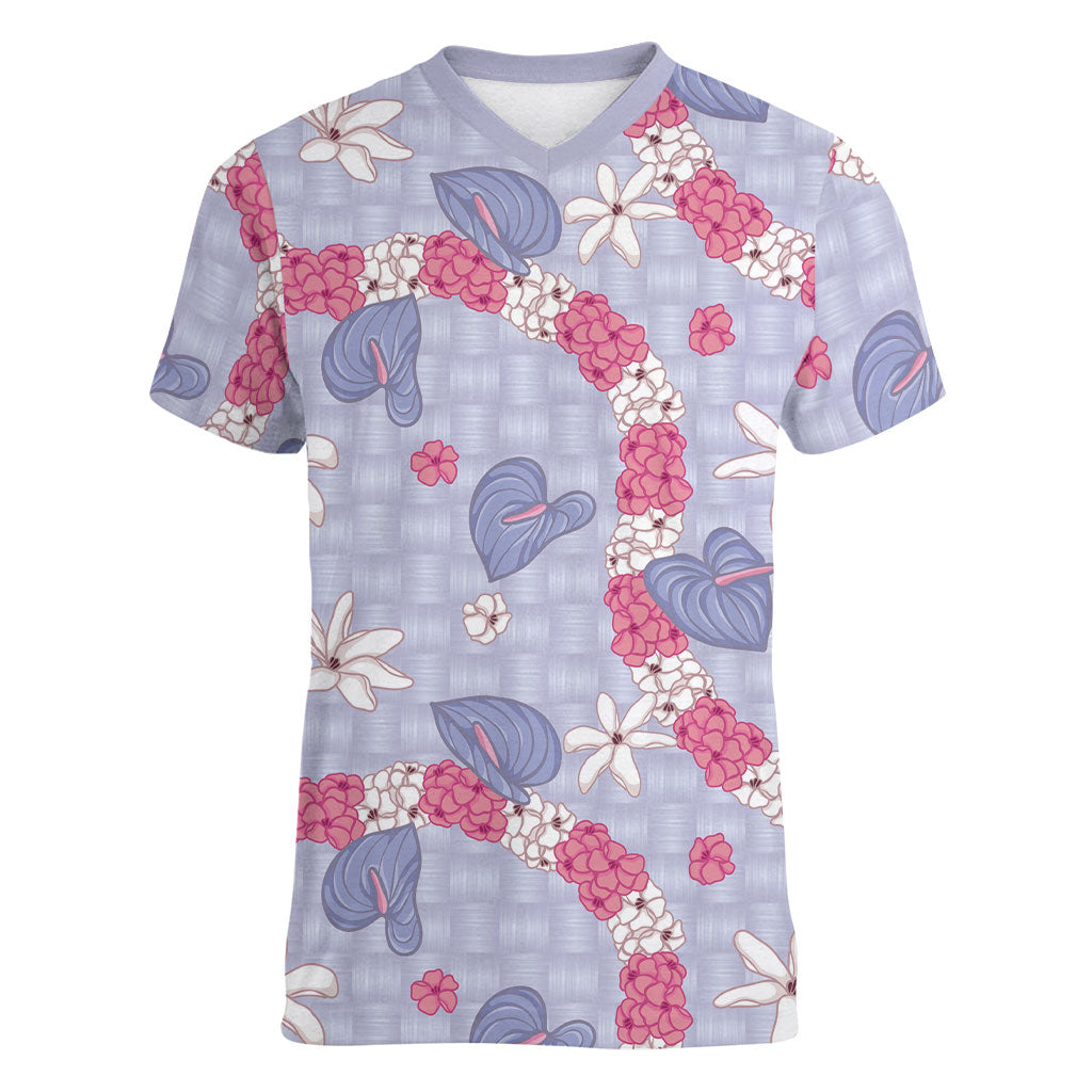 Hawaii Anthurium Tiare Pikake Lei Women V-Neck T-Shirt Poni Lauhala Art Pattern LT01 Female Purple - Polynesian Pride