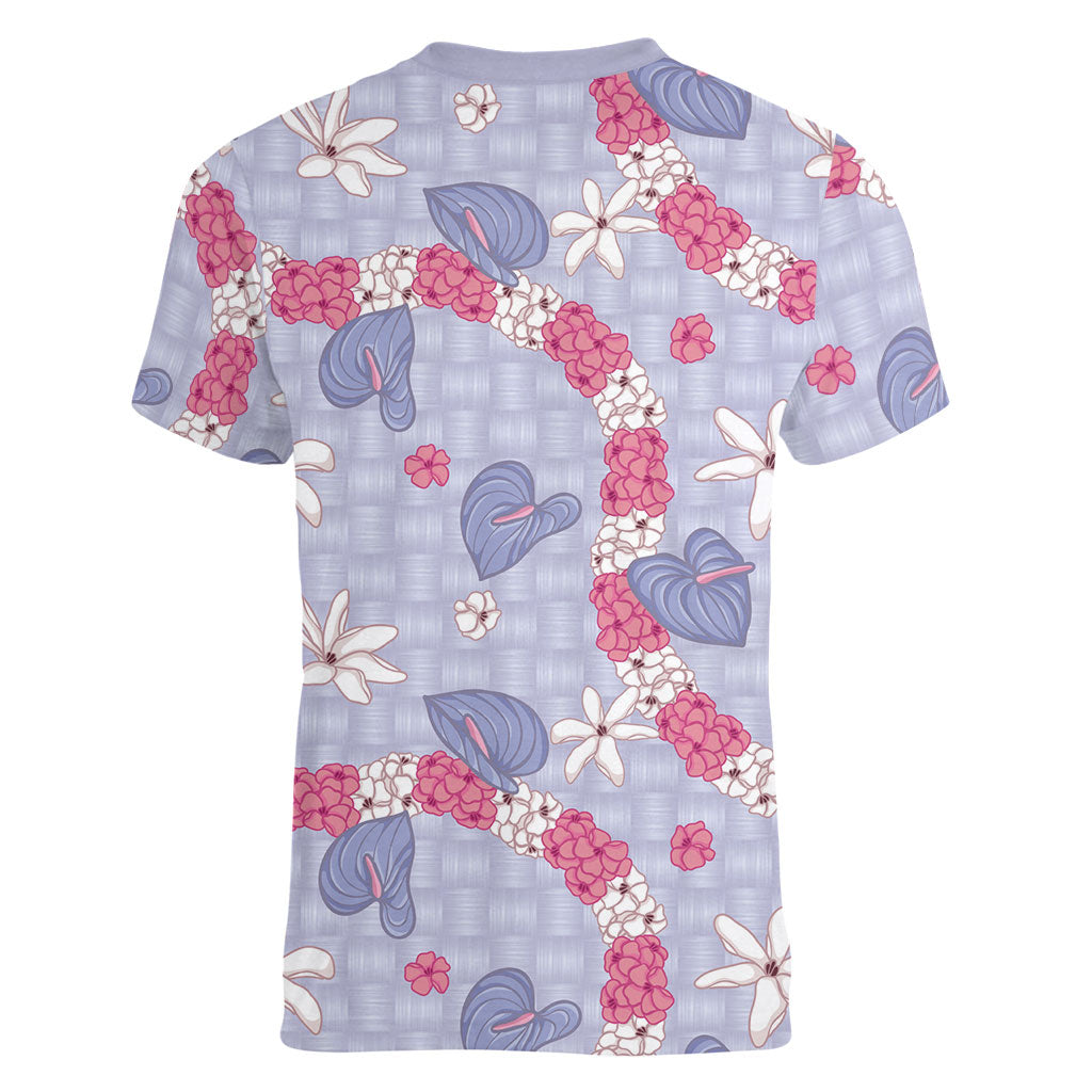 Hawaii Anthurium Tiare Pikake Lei Women V-Neck T-Shirt Poni Lauhala Art Pattern LT01 - Polynesian Pride