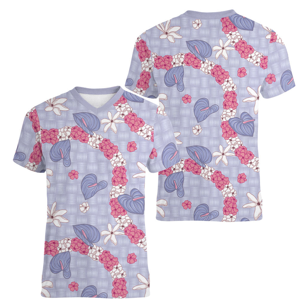 Hawaii Anthurium Tiare Pikake Lei Women V-Neck T-Shirt Poni Lauhala Art Pattern LT01 - Polynesian Pride