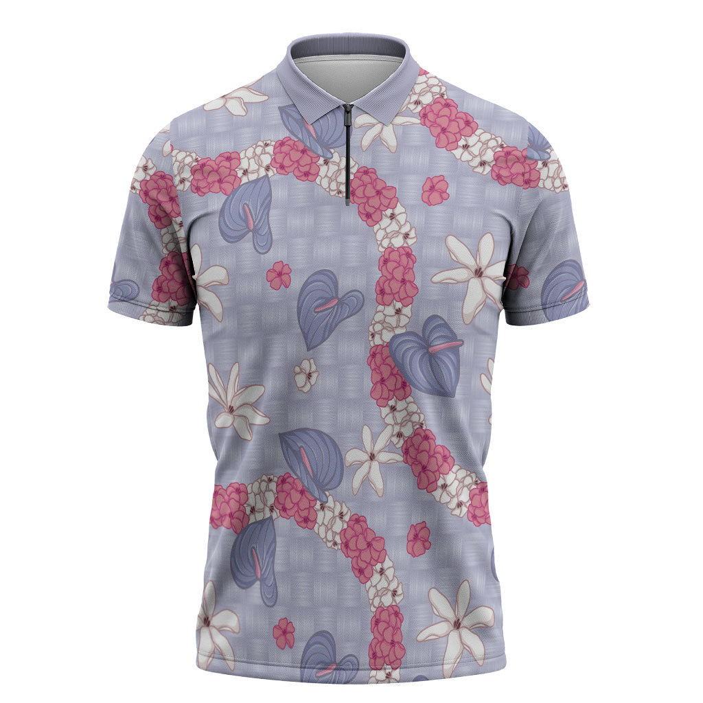 Hawaii Anthurium Tiare Pikake Lei Zipper Polo Shirt Poni Lauhala Art Pattern