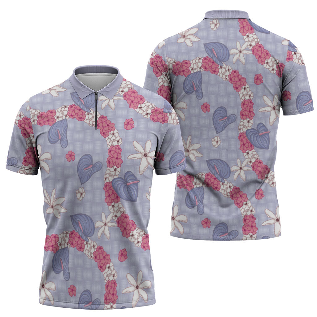 Hawaii Anthurium Tiare Pikake Lei Zipper Polo Shirt Poni Lauhala Art Pattern