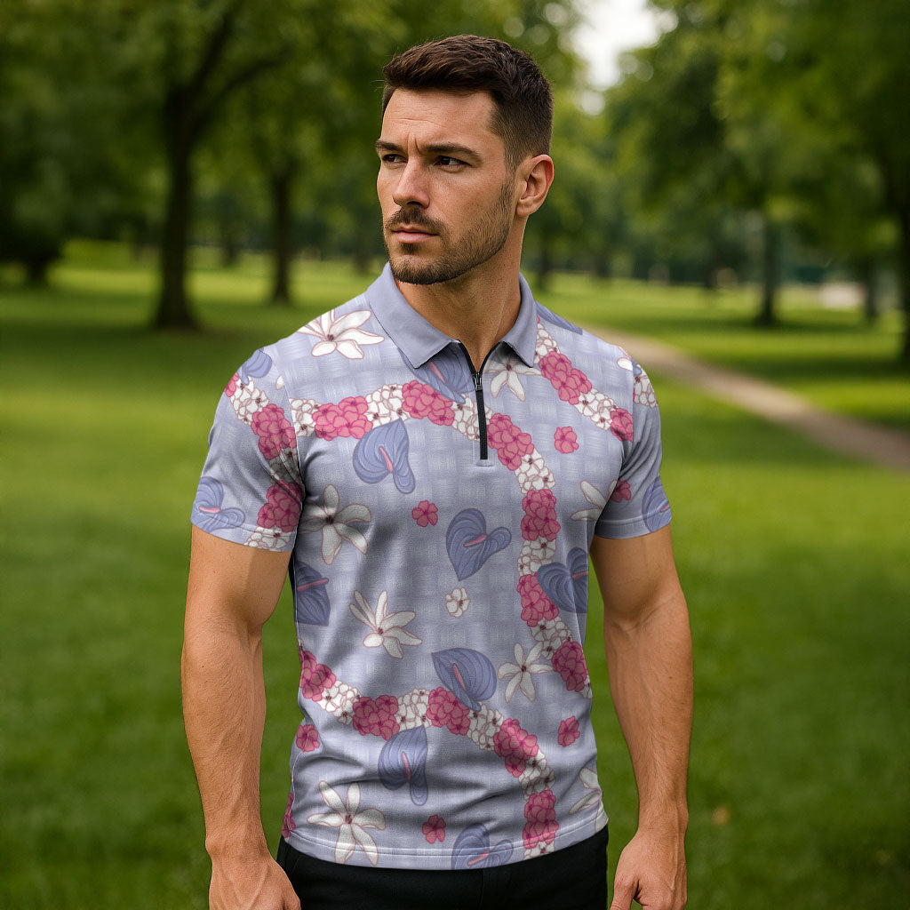 Hawaii Anthurium Tiare Pikake Lei Zipper Polo Shirt Poni Lauhala Art Pattern