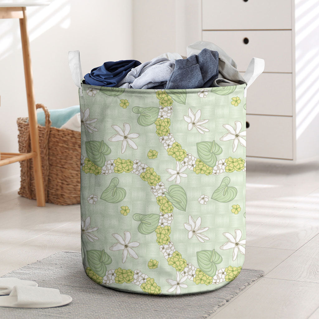 Hawaii Anthurium Tiare Pikake Lei Laundry Basket Sage Green Lauhala Art Pattern LT01 Green - Polynesian Pride