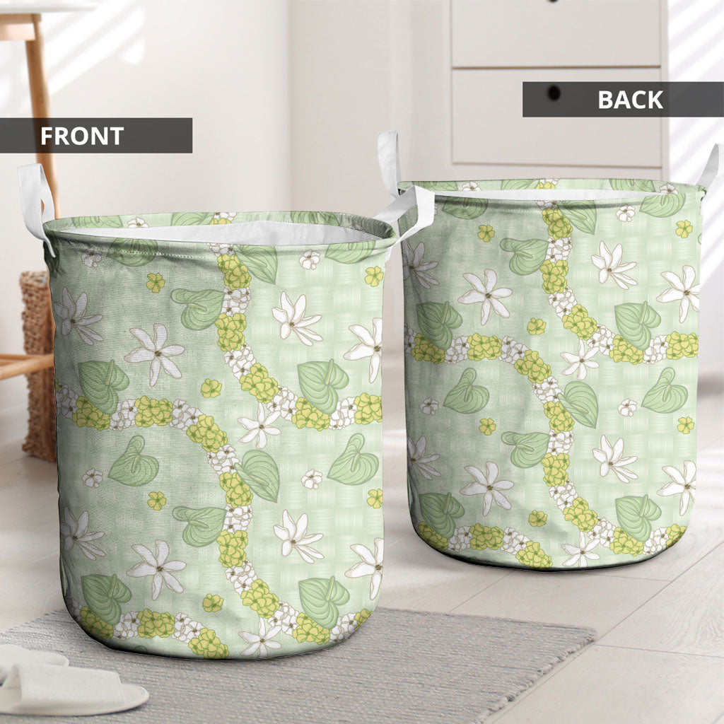 Hawaii Anthurium Tiare Pikake Lei Laundry Basket Sage Green Lauhala Art Pattern LT01 - Polynesian Pride