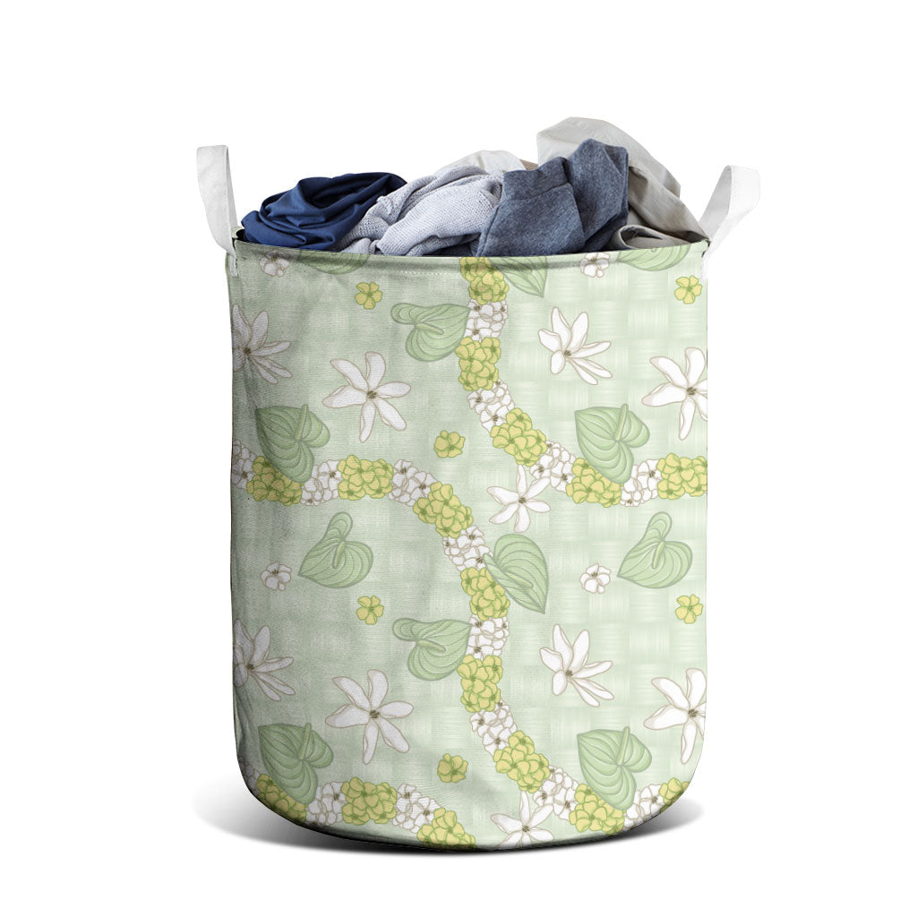 Hawaii Anthurium Tiare Pikake Lei Laundry Basket Sage Green Lauhala Art Pattern LT01 - Polynesian Pride