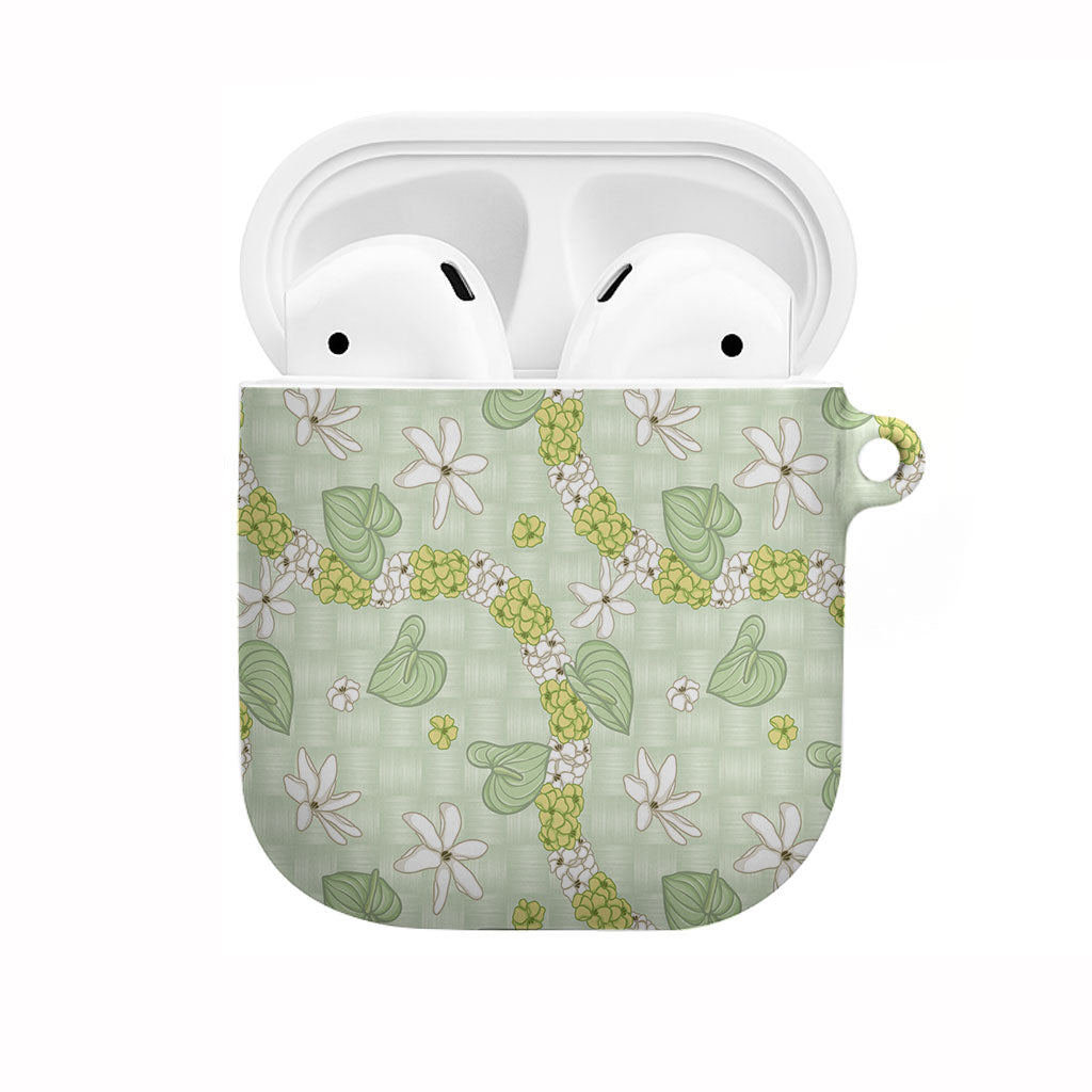 Hawaii Anthurium Tiare Pikake Lei AirPods Case Sage Green Lauhala Art Pattern LT01 Green - Polynesian Pride
