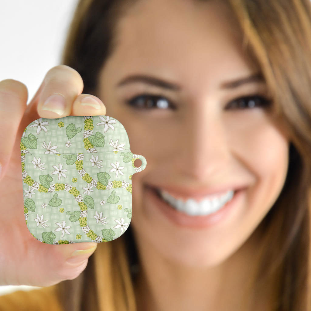 Hawaii Anthurium Tiare Pikake Lei AirPods Case Sage Green Lauhala Art Pattern LT01 - Polynesian Pride