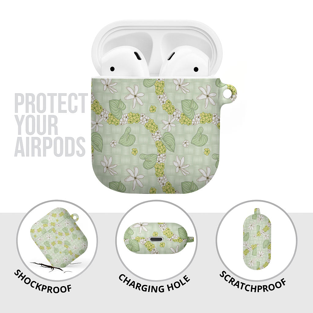 Hawaii Anthurium Tiare Pikake Lei AirPods Case Sage Green Lauhala Art Pattern LT01 - Polynesian Pride