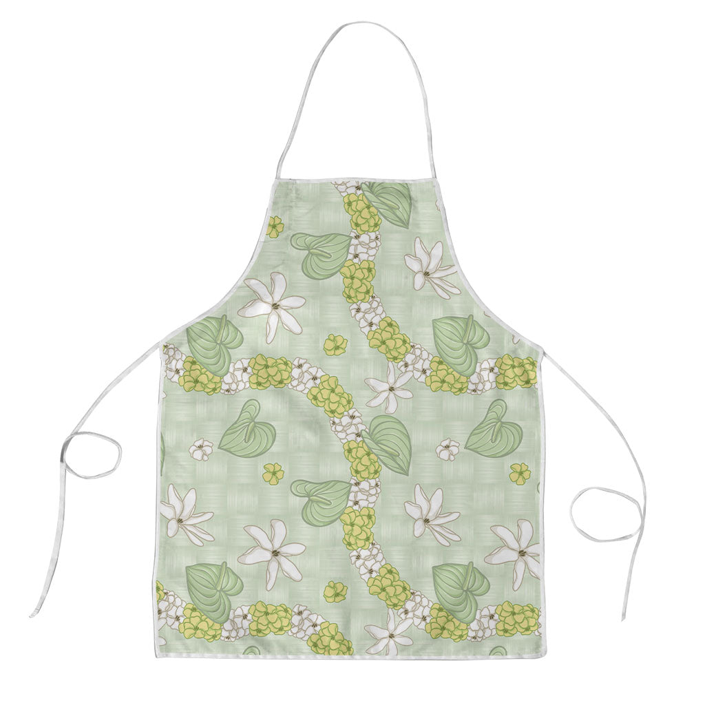 Hawaii Anthurium Tiare Pikake Lei Apron Sage Green Lauhala Art Pattern LT01 Green - Polynesian Pride