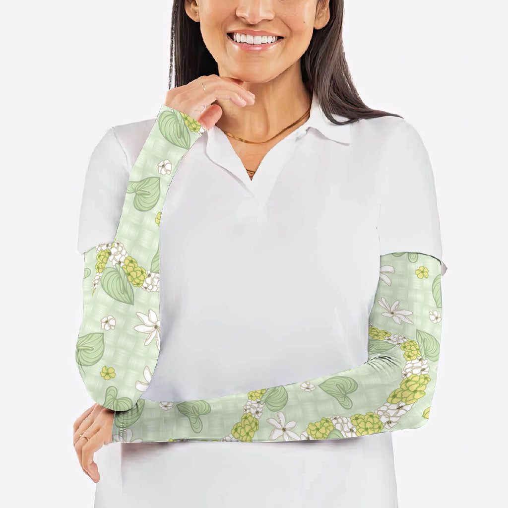 Hawaii Anthurium Tiare Pikake Lei Arm Sleeves Sage Green Lauhala Art Pattern LT01 - Polynesian Pride