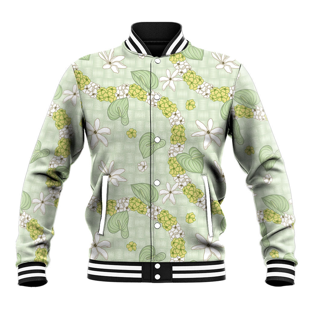 Hawaii Anthurium Tiare Pikake Lei Baseball Jacket Sage Green Lauhala Art Pattern LT01 Unisex Green - Polynesian Pride