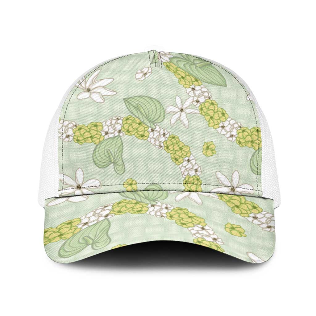 Hawaii Anthurium Tiare Pikake Lei Baseball Net Cap Sage Green Lauhala Art Pattern LT01 One Size White Green - Polynesian Pride