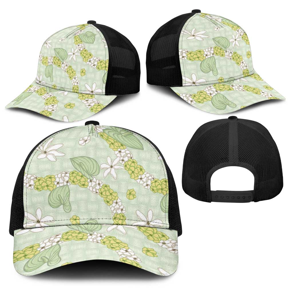 Hawaii Anthurium Tiare Pikake Lei Baseball Net Cap Sage Green Lauhala Art Pattern LT01 - Polynesian Pride