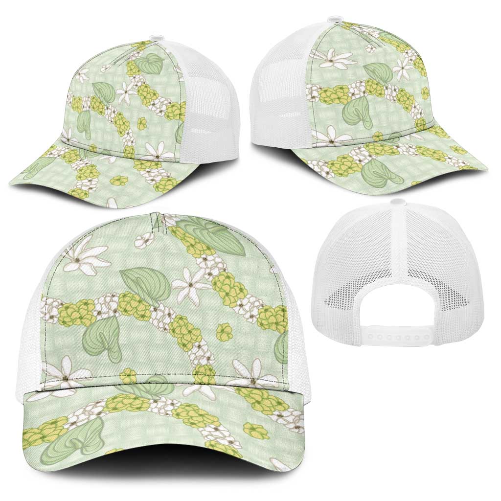 Hawaii Anthurium Tiare Pikake Lei Baseball Net Cap Sage Green Lauhala Art Pattern LT01 - Polynesian Pride