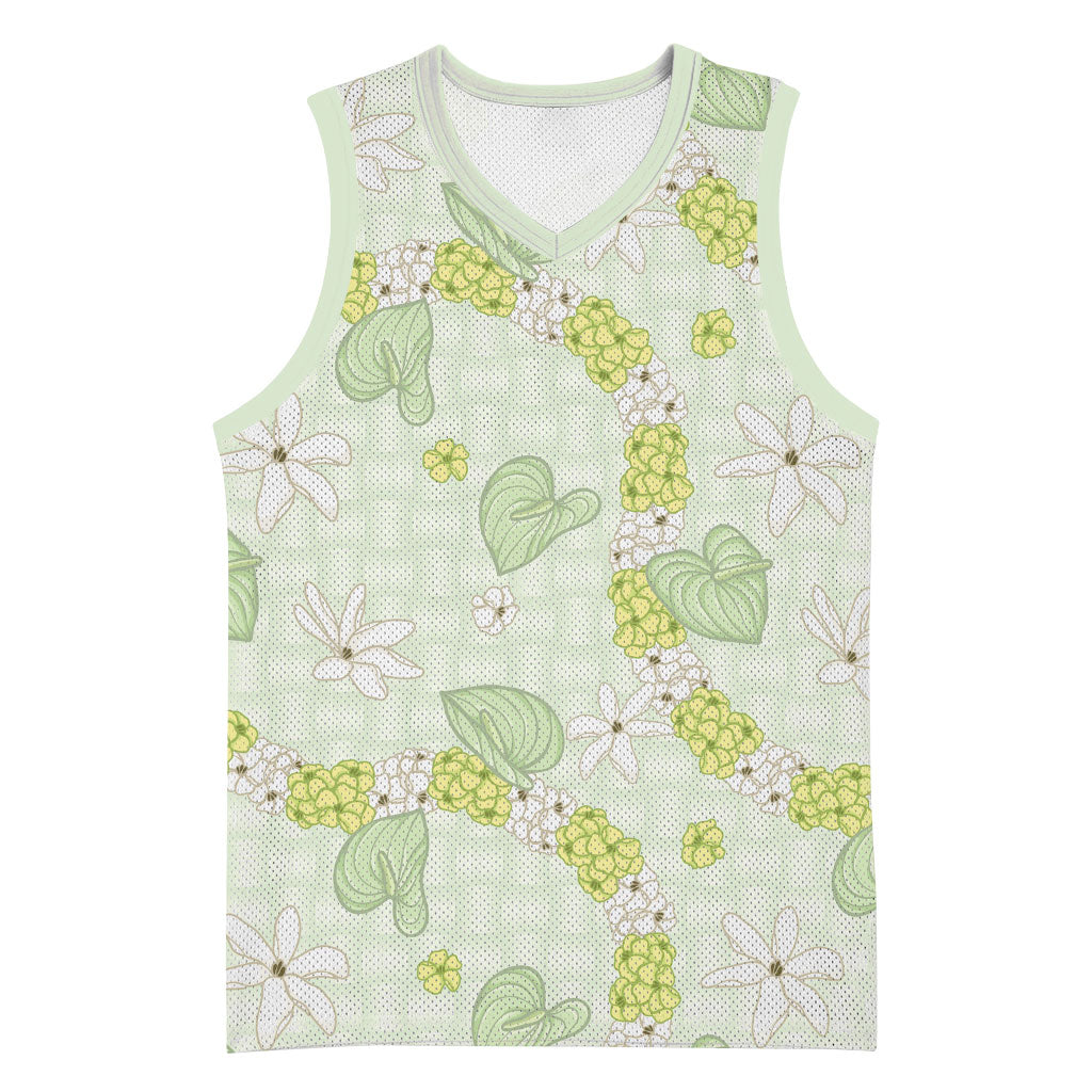 Hawaii Anthurium Tiare Pikake Lei Basketball Jersey Sage Green Lauhala Art Pattern LT01 Unisex Green - Polynesian Pride