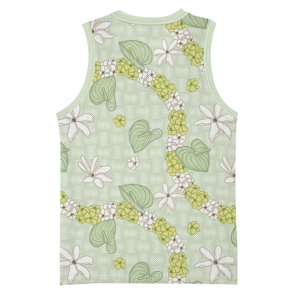 Hawaii Anthurium Tiare Pikake Lei Basketball Jersey Sage Green Lauhala Art Pattern LT01 - Polynesian Pride
