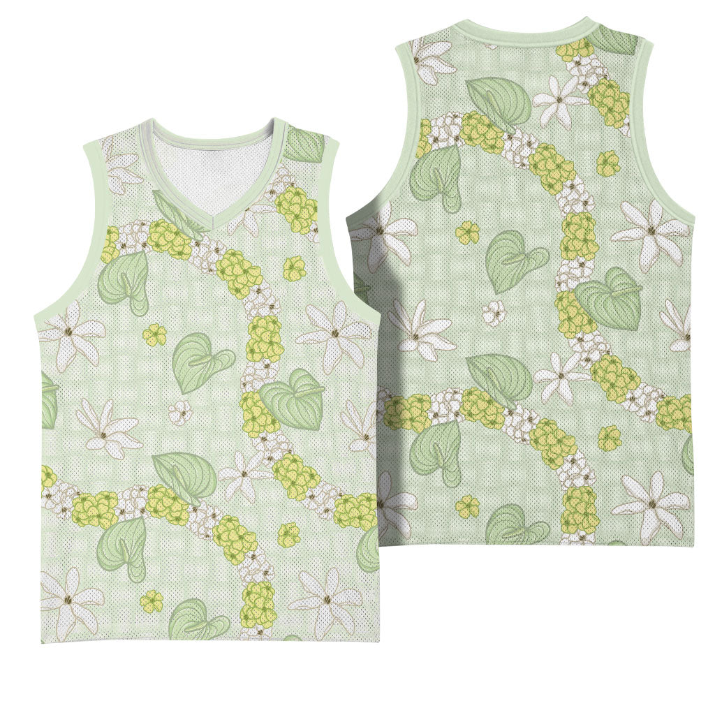 Hawaii Anthurium Tiare Pikake Lei Basketball Jersey Sage Green Lauhala Art Pattern LT01 - Polynesian Pride