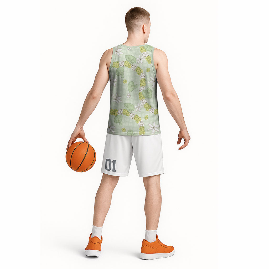 Hawaii Anthurium Tiare Pikake Lei Basketball Jersey Sage Green Lauhala Art Pattern LT01 - Polynesian Pride