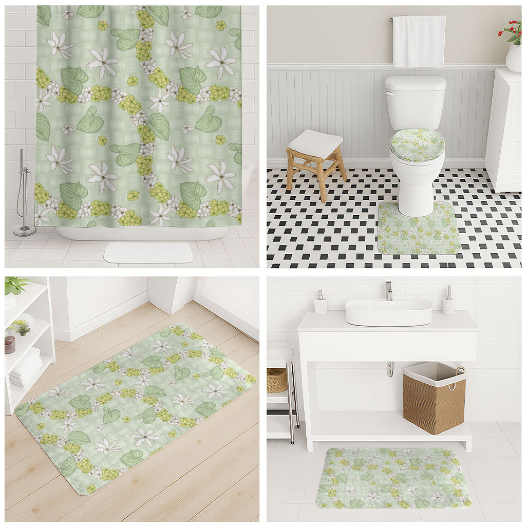 Hawaii Anthurium Tiare Pikake Lei Bathroom Set Sage Green Lauhala Art Pattern LT01 - Polynesian Pride