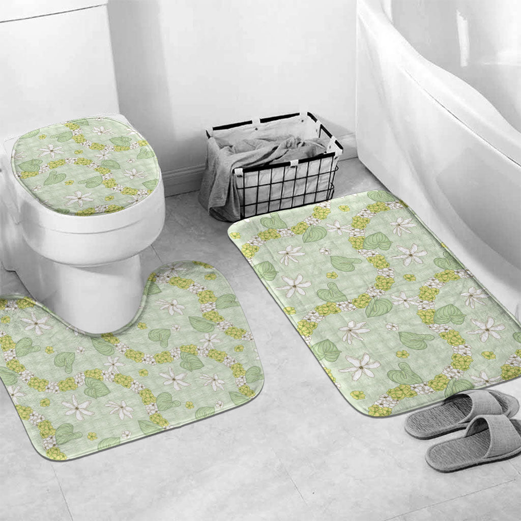Hawaii Anthurium Tiare Pikake Lei Bathroom Set Sage Green Lauhala Art Pattern LT01 Mat Set Only (3 pcs) One Size Green - Polynesian Pride