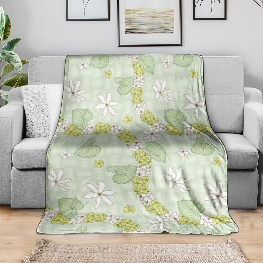 Hawaii Anthurium Tiare Pikake Lei Blanket Sage Green Lauhala Art Pattern LT01 - Polynesian Pride