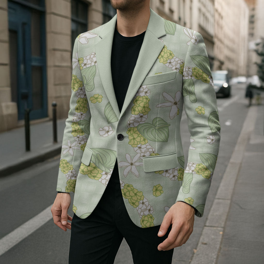 Hawaii Anthurium Tiare Pikake Lei Blazer Sage Green Lauhala Art Pattern