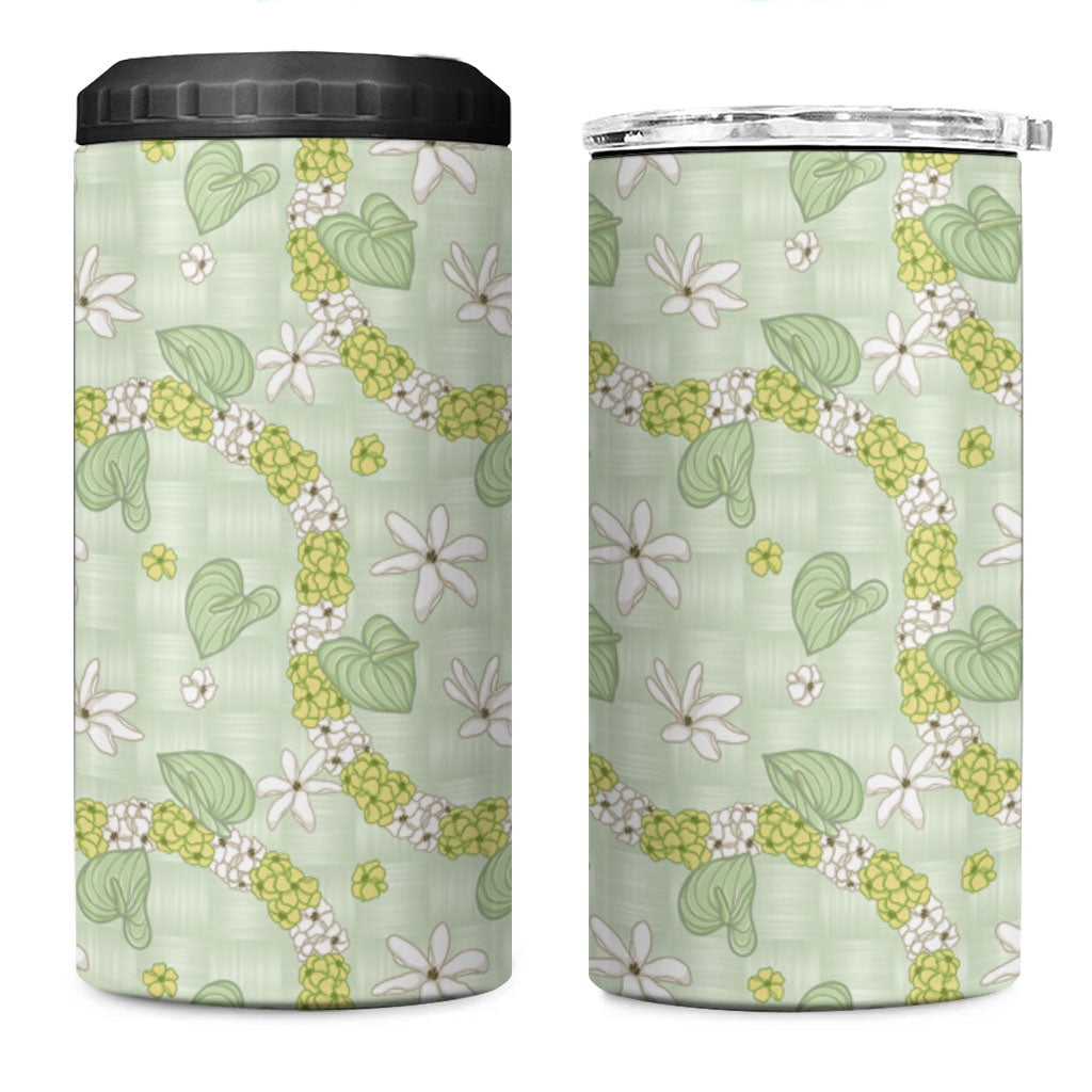 Hawaii Anthurium Tiare Pikake Lei 4 in 1 Can Cooler Tumbler Sage Green Lauhala Art Pattern LT01 One Size: 16 oz Green - Polynesian Pride