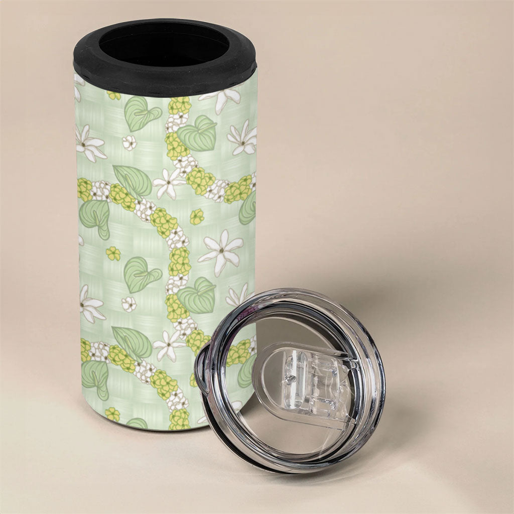 Hawaii Anthurium Tiare Pikake Lei 4 in 1 Can Cooler Tumbler Sage Green Lauhala Art Pattern LT01 - Polynesian Pride