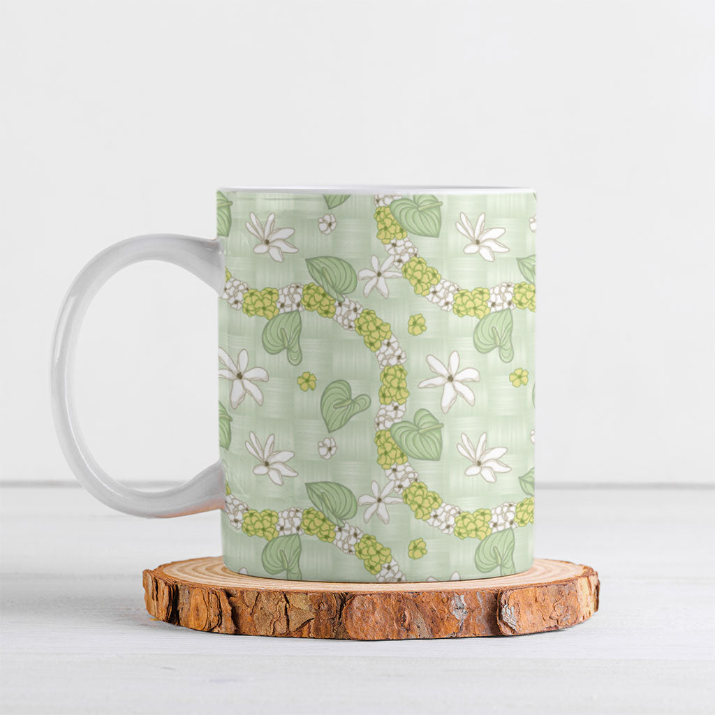 Hawaii Anthurium Tiare Pikake Lei Ceramic Mug Sage Green Lauhala Art Pattern LT01 Green - Polynesian Pride